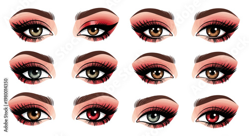 Set of Beautiful Eyes with Makeup, Various Colors and Styles