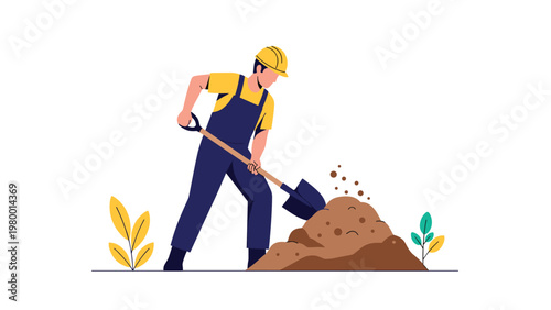 Construction worker in a yellow hard hat and blue overalls digs a pile of brown dirt with a shovel on a white background.
