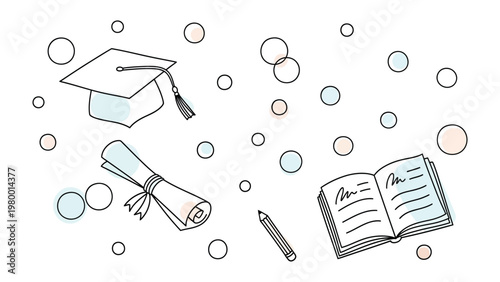 Academic Pursuit: An illustration with graduation cap, diploma, book and pencil that symbolize scholarly excellence, knowledge, and educational attainment.
