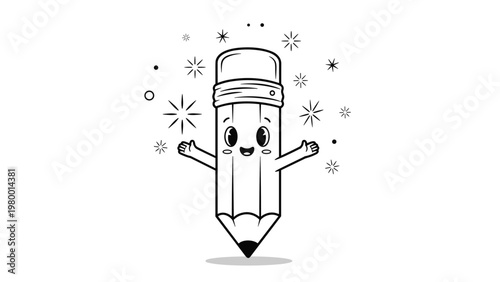 Cute black and white coloring page of a happy pencil character with open arms and a smiling face surrounded by sparkles.