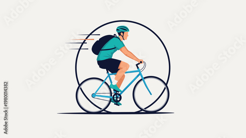 Male cyclist with a backpack rides a blue bicycle at high speed against a minimalist circular background with motion lines.
