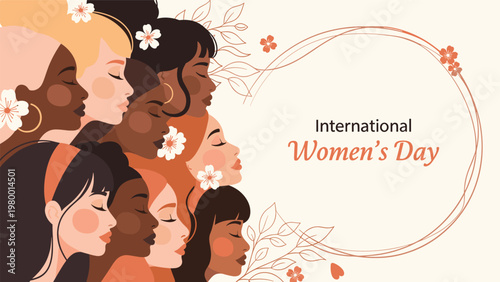 International Women's Day banner featuring profiles of diverse women of different ethnicities and hair colors decorated with flowers.