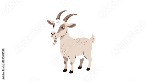 Friendly brown and white goat character with curved horns and a small beard standing on a plain white background.