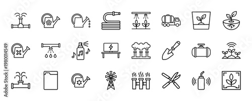 Minimalist water management and smart irrigation line icon set