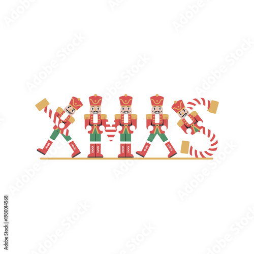 Vector illustration of four cartoon nutcrackers marching in a row with candy canes