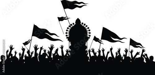 Silhouette of a crowd of people waving flags in front of a monument or temple