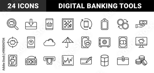 Minimalist banking and finance line icons set