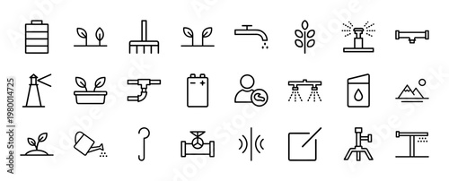 Minimalist agriculture and water management line icons for irrigation and environment