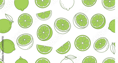 Seamless lime fruit pattern with slices and whole citrus elements minimal outline vector illustration fresh tropical background design