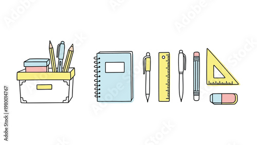 Organized Stationary Display: A collection of essential stationary items, arranged neatly, embodying the essence of preparedness and functionality.