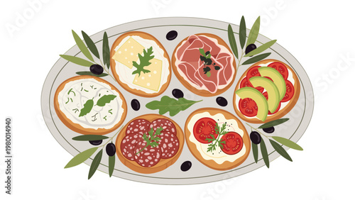 Delicious plate of various bruschetta appetizers topped with cream cheese, salami, tomatoes, avocado, and ham with olives.