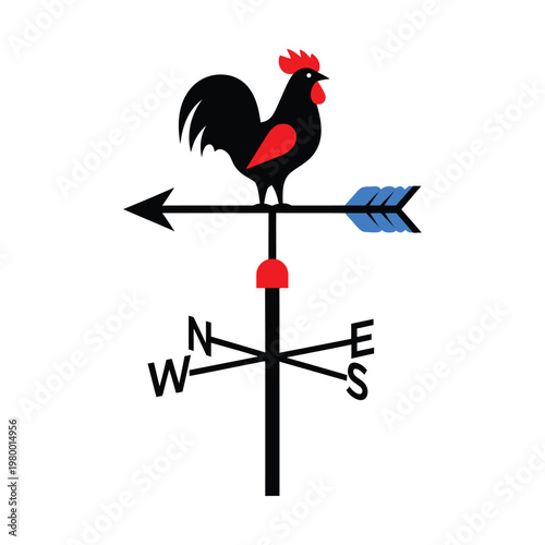 A classic black rooster weathervane with an arrow and cardinal directions, indicating wind direction.