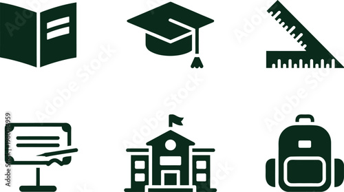 Academic symbols featuring school supplies graduation cap books university building diploma and backpack for learning icons