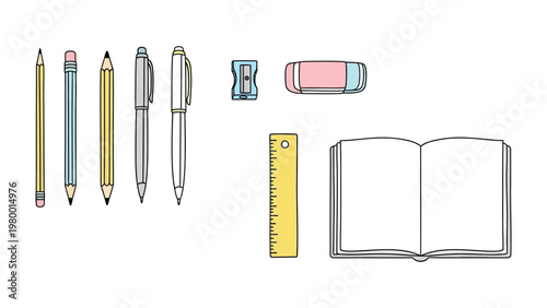 Essential Study Tools: A collection of meticulously arranged writing instruments and study essentials, ready for creative endeavors and focused learning.