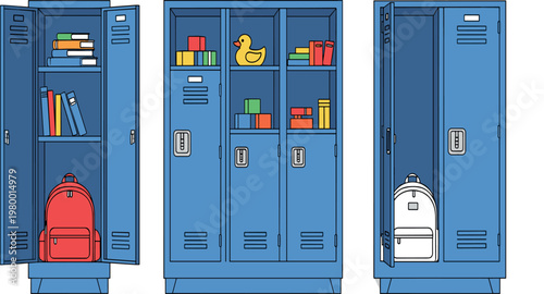 School lockers with books backpack and supplies open compartments flat vector illustration education storage cabinets interior isolated background