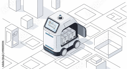Autonomous AI Delivery Robot Carries Packages on Smart City Map Isometric Vector Illustration