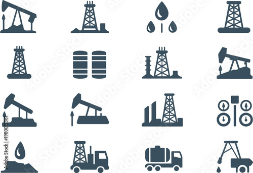 Set of oil and gas industry icons representing drilling extraction transportation and refinery energy operations