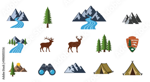 Collection of nature and outdoor adventure icons including mountains, trees, deer, and camping gear.