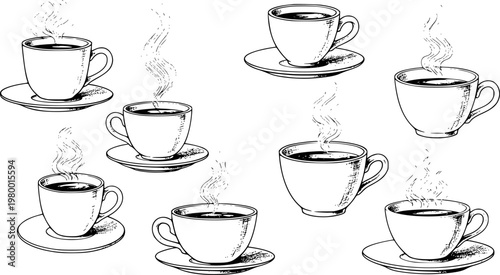 Hand Drawn Collection of Steaming Coffee Cups and Saucers White Background beverage
