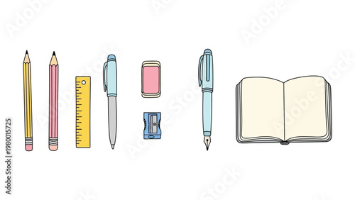Stationery Essentials: A collection of meticulously arranged stationery items essential for creative expression, organization, and efficient note-taking. Perfect for school, office.