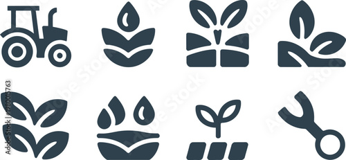 Set of agriculture and farming icons featuring tractor leaves sprouts water drops and gardening hand tools