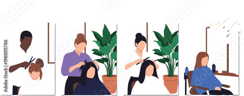 Hair Salon Scenes Vector Illustration Set Barber and Hairdresser Cutting Washing and Styling Hair Professional Beauty Service Collection Isolated on Transparent Background