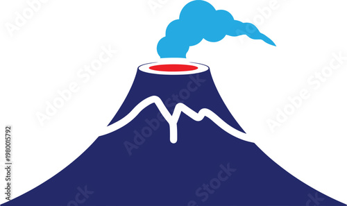 Volcano icon displays a stylized mountain peak with a glowing red crater and a plume of blue smoke rising against a clean white background for minimalist design applications.