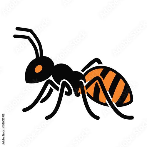 Minimalist ant vector icon with orange and black details, stylized insect character design for logos, modern garden pest illustration isolated on white background