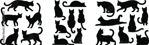 Cat silhouette collection, feline posture vector set, domestic pet artwork, black animal design elements, sitting standing walking stretching crouching cats illustration
