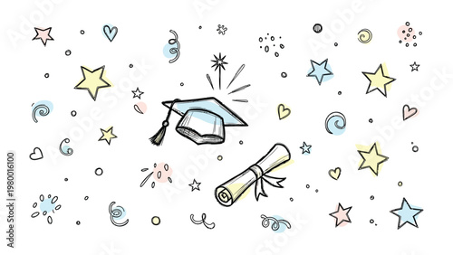 A Celebration of Learning: A whimsical illustration of a graduation cap and diploma, adorned with stars and confetti, capturing the joy and excitement of academic achievement.