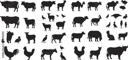 Farm animal silhouettes collection featuring cows, sheep, goats, chickens, ducks, geese, rabbits, agriculture, livestock, farming, poultry, rural life