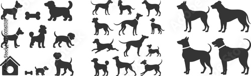 Dog silhouettes collection showing small, medium, large breeds, sitting, standing, walking, doghouse, bones, pets, animals, canine, domestic, lifestyle