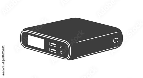 Black power bank illustration with ports and display a bold silhouette