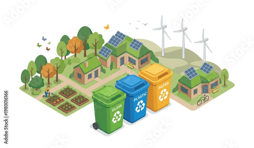 Isometric recycling bins with eco village vector illustration isolated on white background for zero waste and green energy concept
