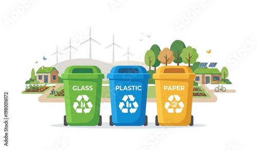 Three recycling bins vector illustration with eco village concept isolated on white background for Earth Day sustainability