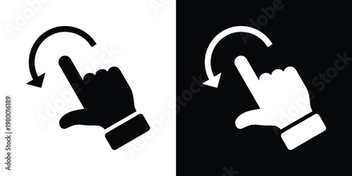 Contrasting black and white mirrored hand icon with extended finger and curved rotation arrow, symbolizing rotate gesture. Clean minimalist design for UI, apps, and digital interaction.