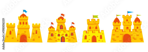 A set of colorful sand castle illustrations in different architectural styles. Fun beach themed vector icons isolated on a white background.