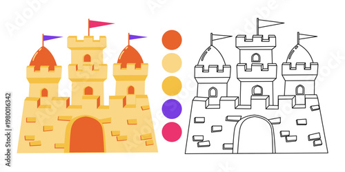 Educational coloring page for kids featuring a sand castle. Includes a colored version, a line art template, and a color palette for learning.