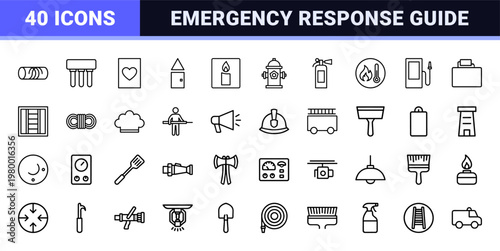 Fire safety and emergency protection line icon set
