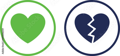 Green heart symbol indicating love and dark blue broken heart icon representing a sad emotional separation