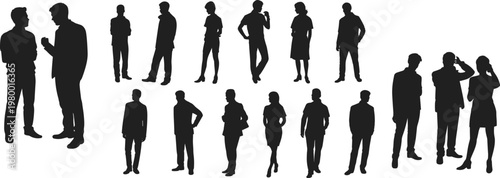 Silhouettes of people standing, posing, conversing, casual posture, business attire, everyday lifestyle, interaction, group figures, human body language