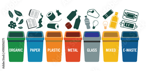 Waste sorting bins for organic paper plastic metal glass mixed and e-waste garbage disposal