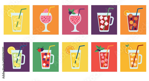 Collection of refreshing summer drinks and cocktails in various glasses.