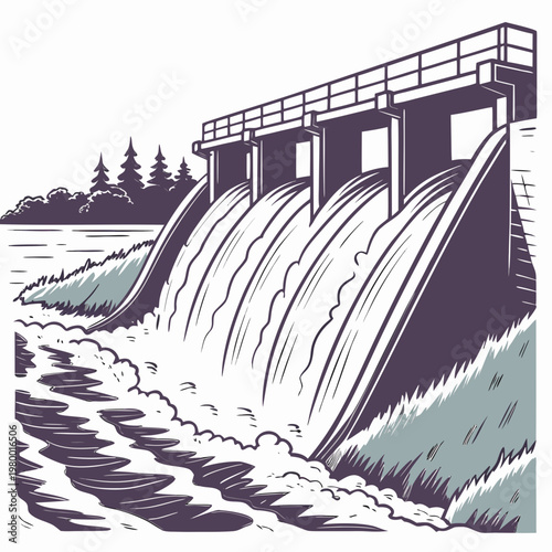 A stylized illustration depicts a hydroelectric dam releasing a powerful surge of water with trees visible in the background high quality professional