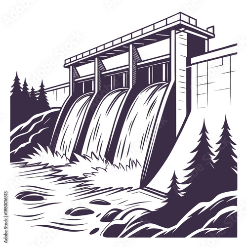 A detailed monochromatic illustration depicts a concrete hydroelectric dam with water powerfully cascading through its spillways high quality professional modern elegant stylish
