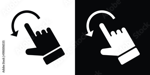Contrasting black and white mirrored hand icon with extended finger and curved rotation arrow, symbolizing rotate gesture. Clean minimalist design for UI, apps, and digital interaction.