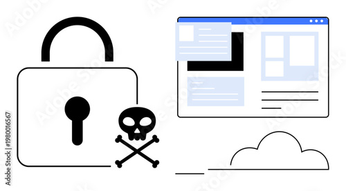 Cybersecurity, hacking risks, data protection, malware threats, online privacy, digital safety. Lock, skull symbol web browser and cloud icon. Cybersecurity and hacking risks concept