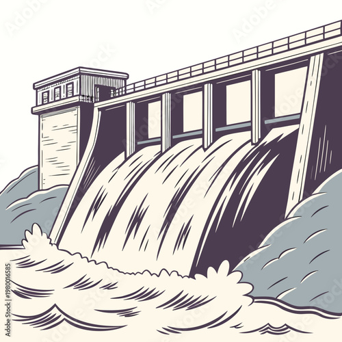 A detailed illustration depicts a large concrete dam with water powerfully cascading over its spillways demonstrating hydroelectric power high quality professional modern