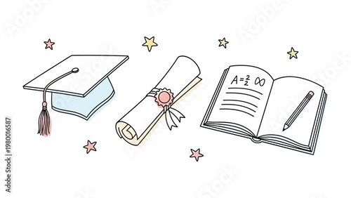 Academic Essentials: A symbolic illustration showcasing key elements of academic achievement, including a graduation cap, diploma, and textbook. 