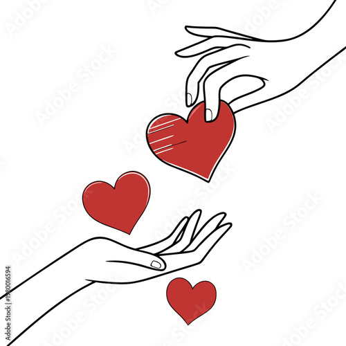 A minimalist illustration depicts two hands exchanging a red heart symbolizing love care and connection with smaller hearts floating nearby high quality